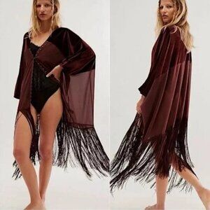 NEW FREE PEOPLE BROWN VELVET DREAMS FRINGE KIMONO COVER UP WRAP JACKET